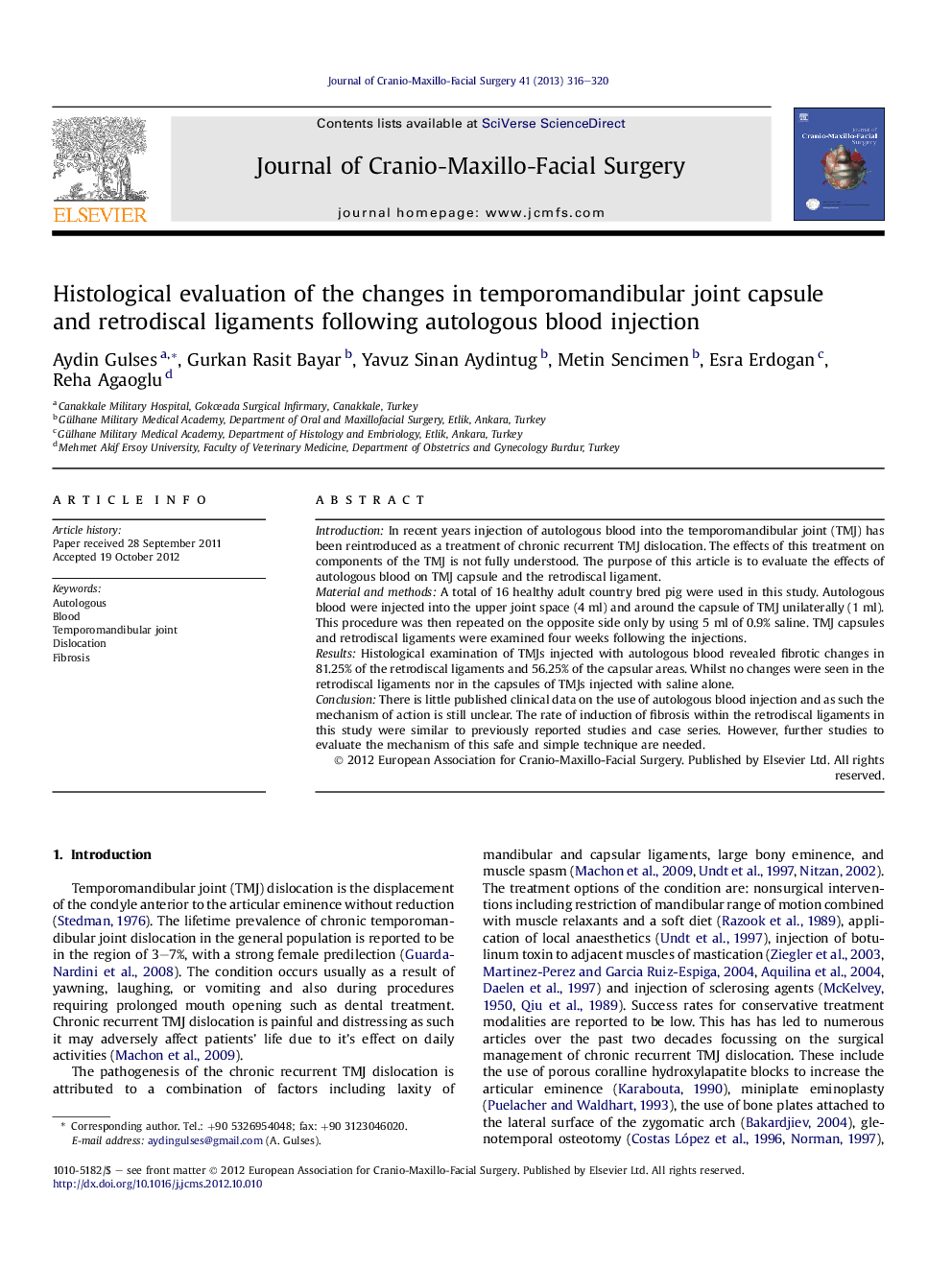 Histological evaluation of the changes in temporomandibular joint capsule and retrodiscal ligaments following autologous blood injection