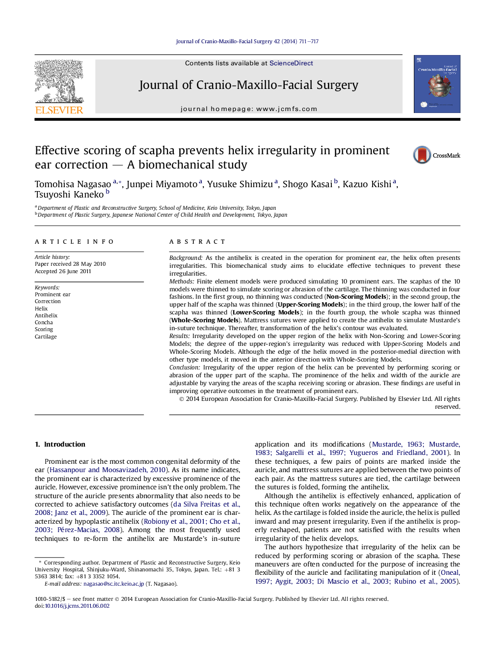 Effective scoring of scapha prevents helix irregularity in prominent ear correction — A biomechanical study