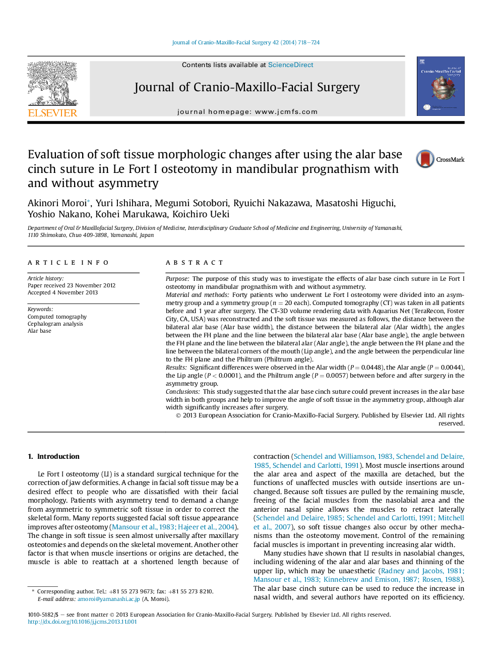 Evaluation of soft tissue morphologic changes after using the alar base cinch suture in Le Fort I osteotomy in mandibular prognathism with and without asymmetry