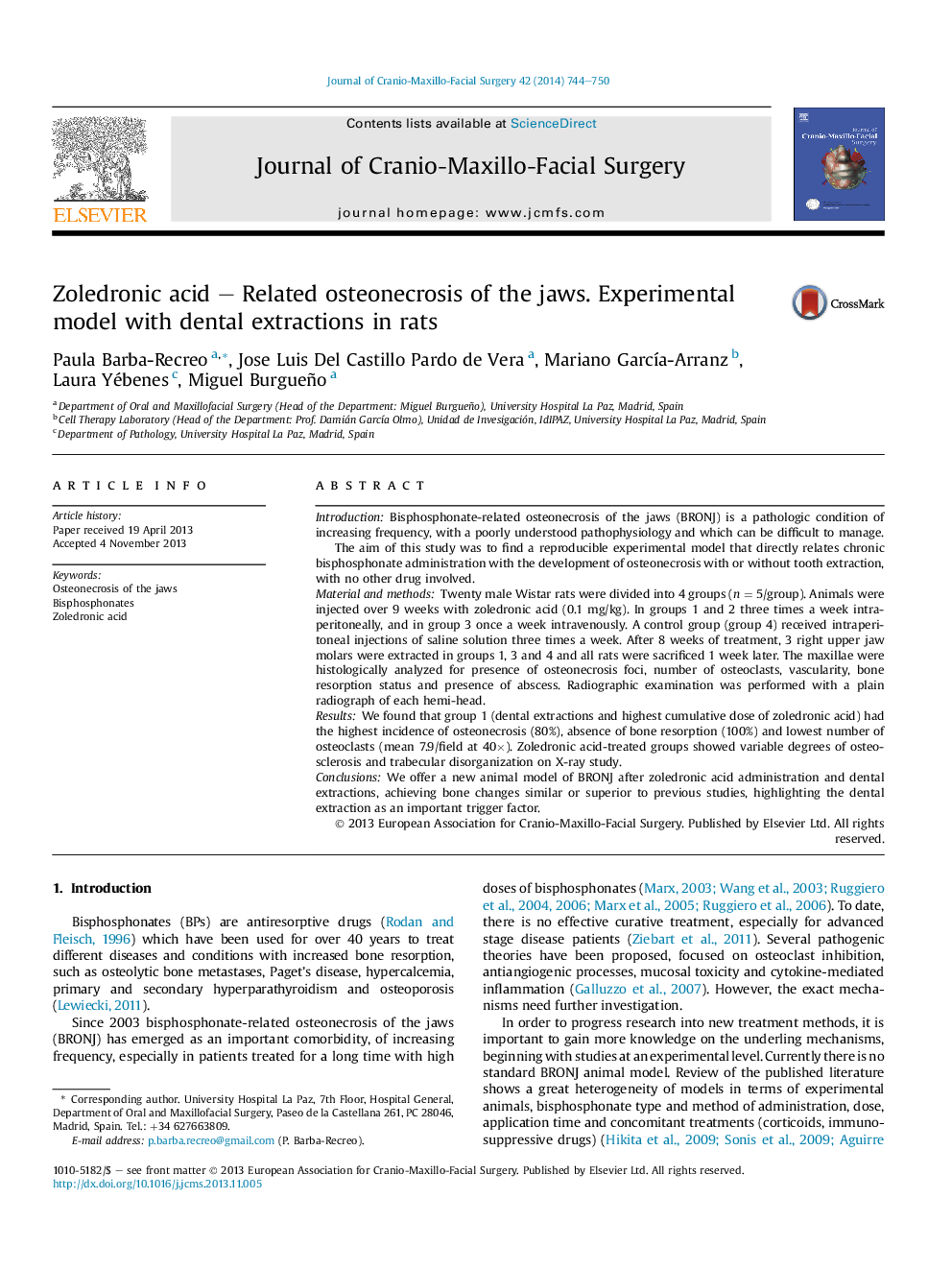 Zoledronic acid – Related osteonecrosis of the jaws. Experimental model with dental extractions in rats