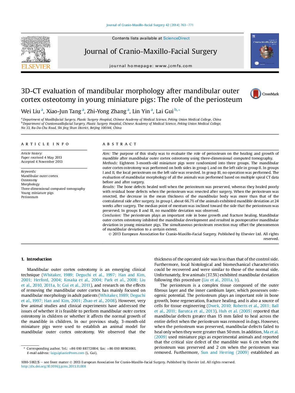 3D-CT evaluation of mandibular morphology after mandibular outer cortex osteotomy in young miniature pigs: The role of the periosteum