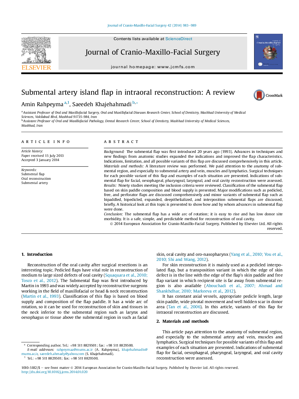 Submental artery island flap in intraoral reconstruction: A review