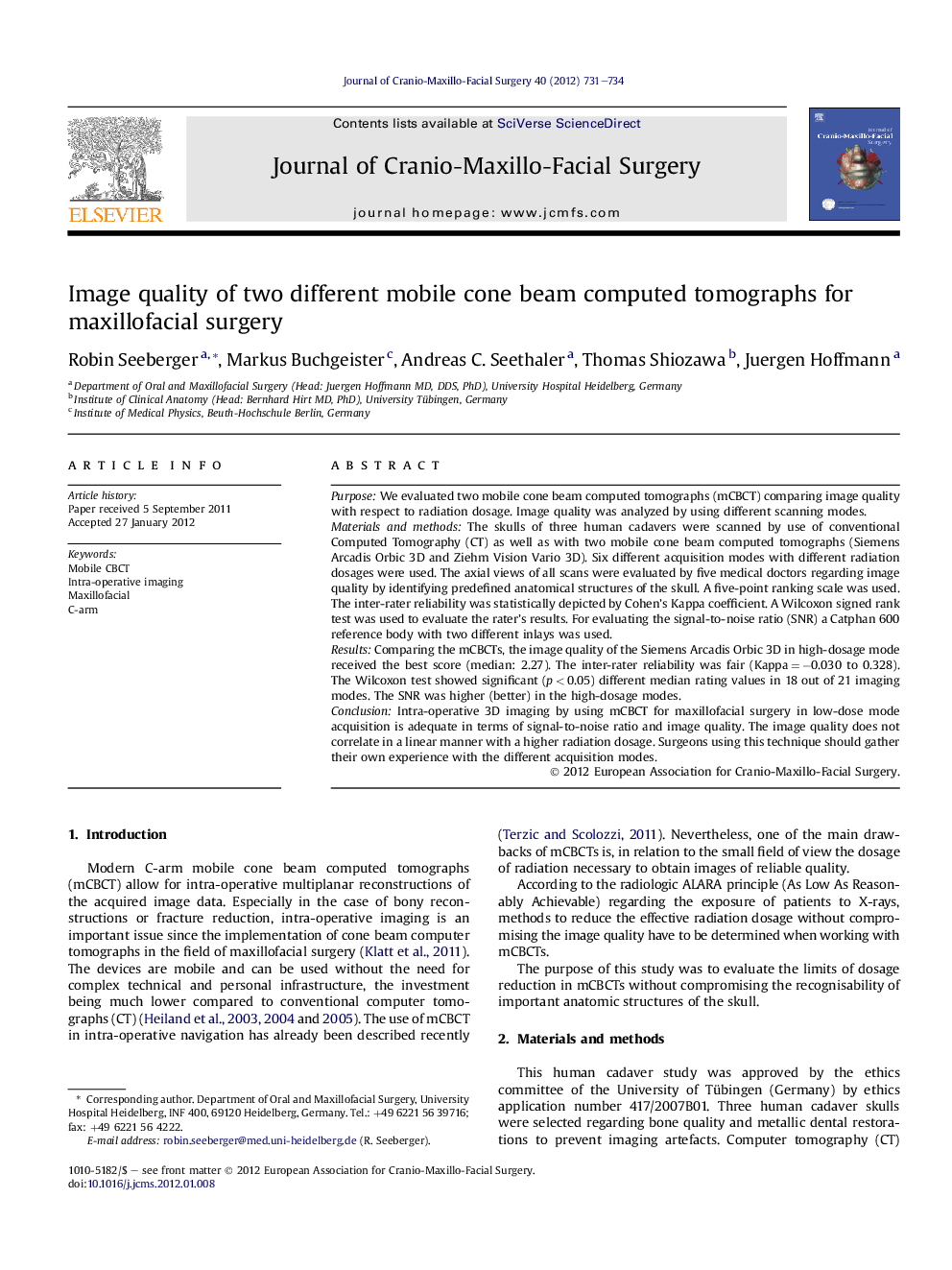 Image quality of two different mobile cone beam computed tomographs for maxillofacial surgery