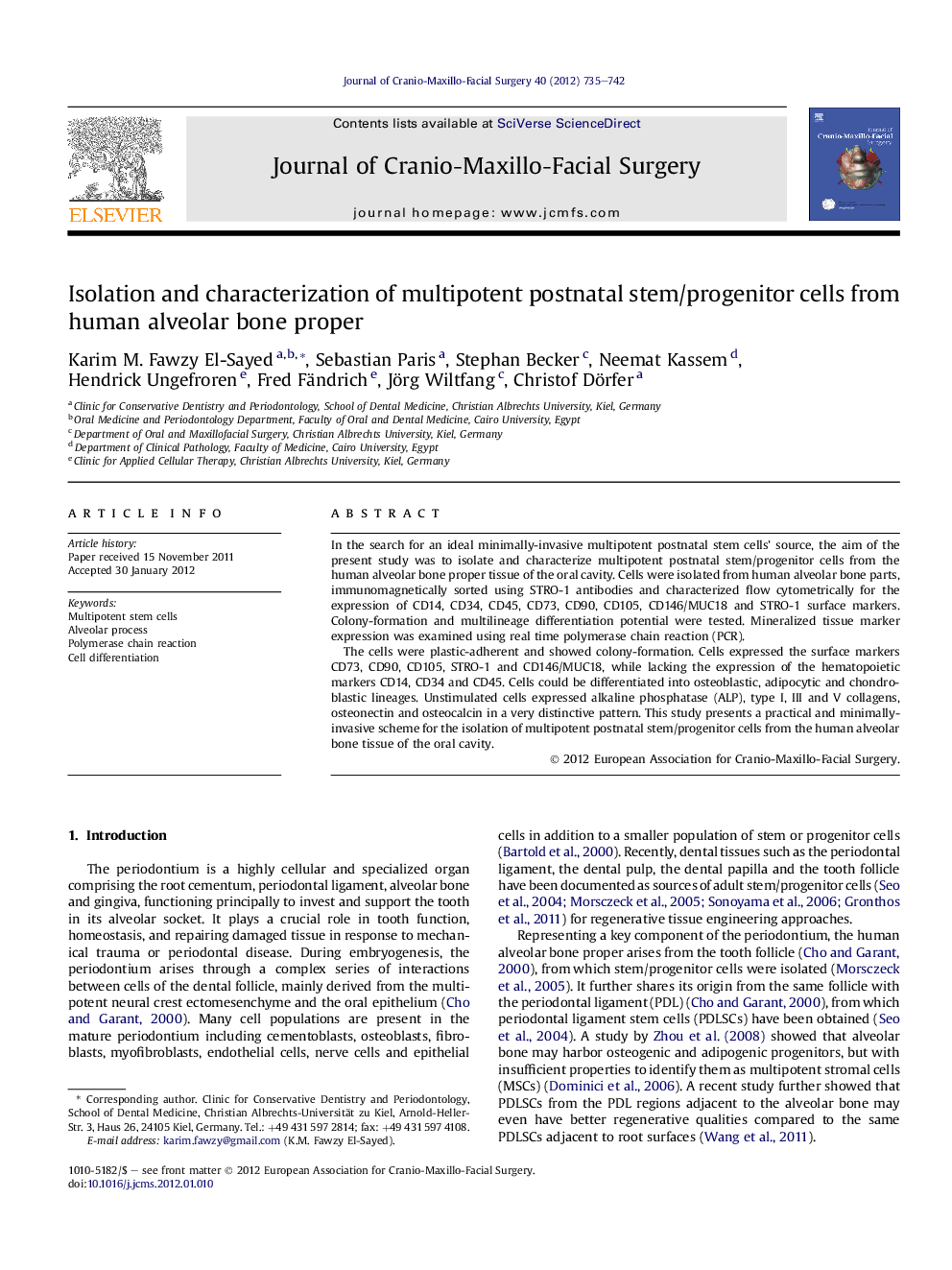 Isolation and characterization of multipotent postnatal stem/progenitor cells from human alveolar bone proper