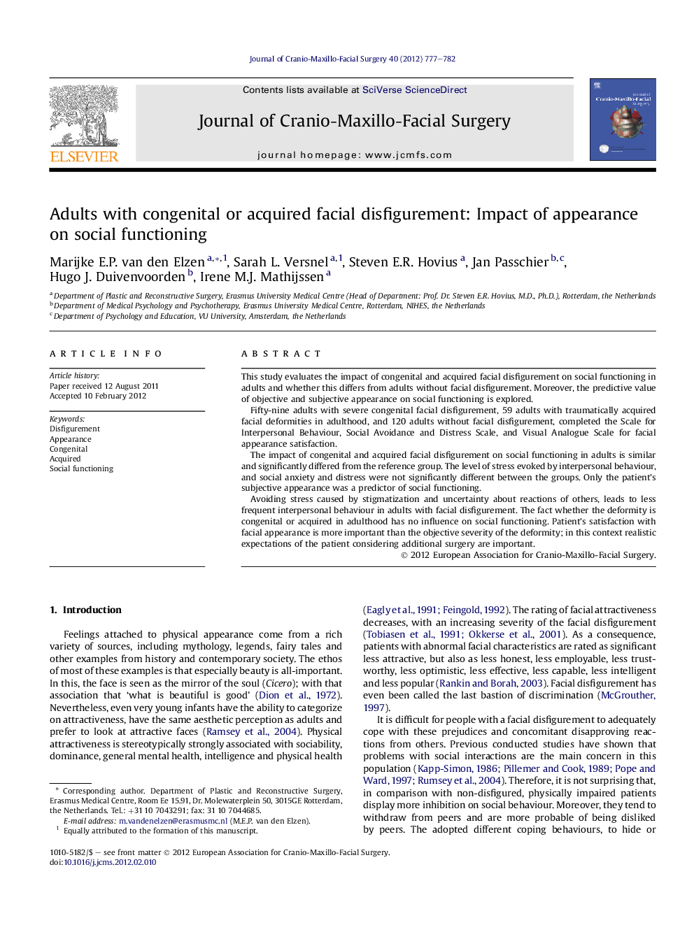 Adults with congenital or acquired facial disfigurement: Impact of appearance on social functioning