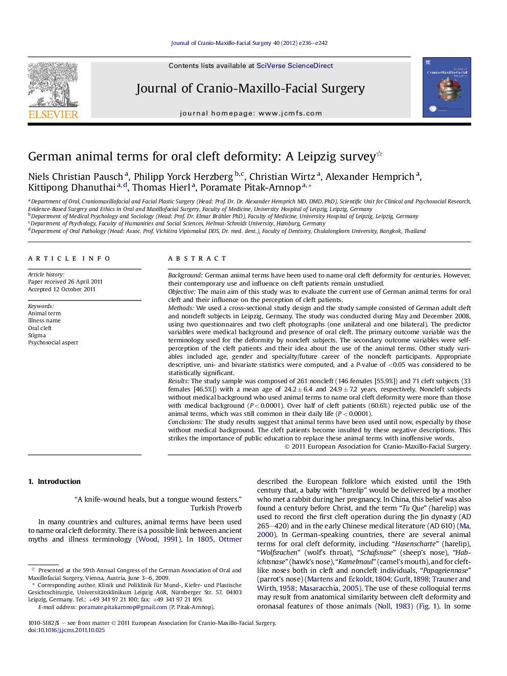 German animal terms for oral cleft deformity: A Leipzig survey 