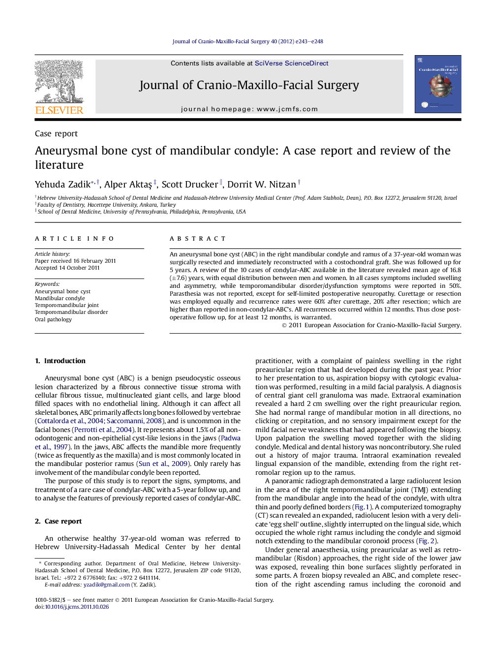 Aneurysmal bone cyst of mandibular condyle: A case report and review of the literature