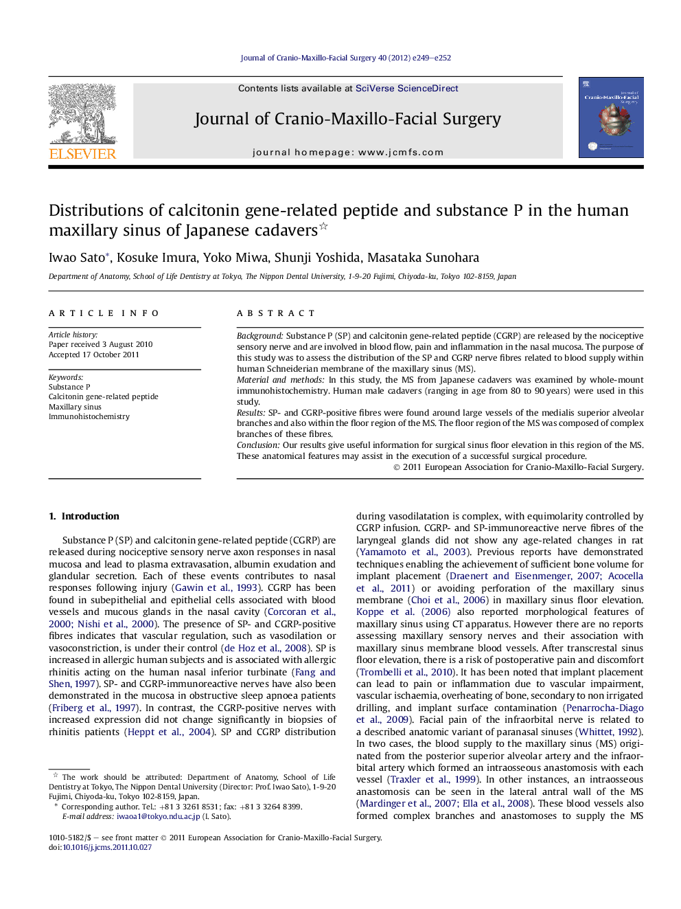 Distributions of calcitonin gene-related peptide and substance P in the human maxillary sinus of Japanese cadavers