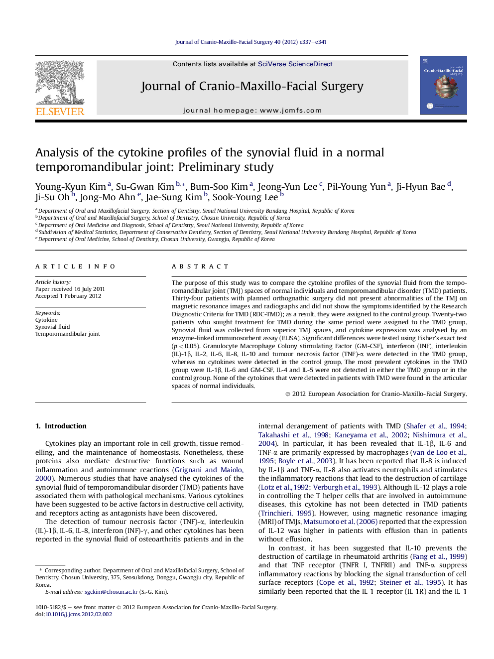 Analysis of the cytokine profiles of the synovial fluid in a normal temporomandibular joint: Preliminary study