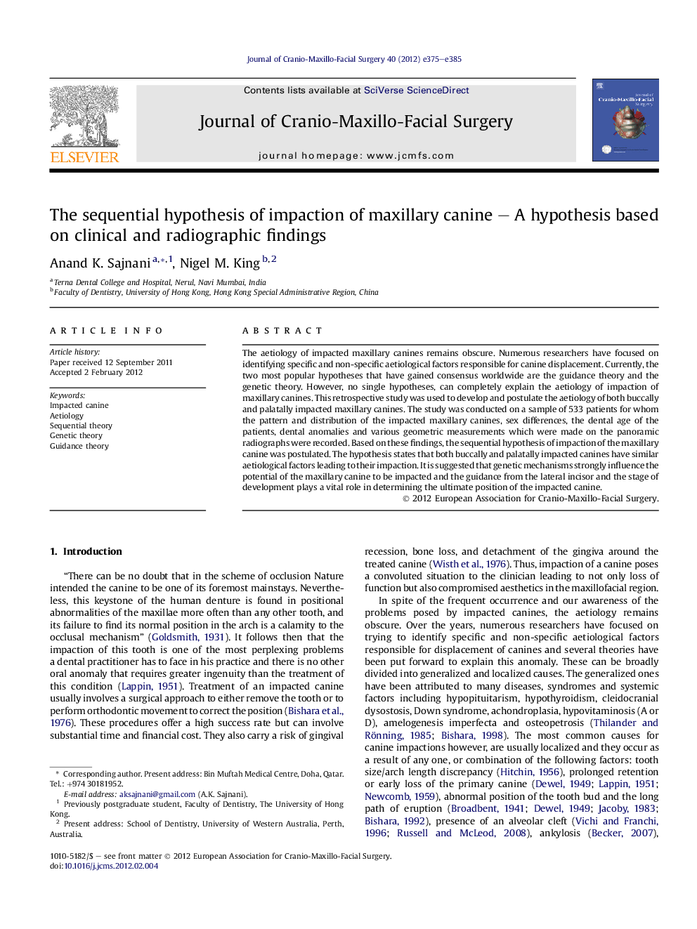 The sequential hypothesis of impaction of maxillary canine – A hypothesis based on clinical and radiographic findings