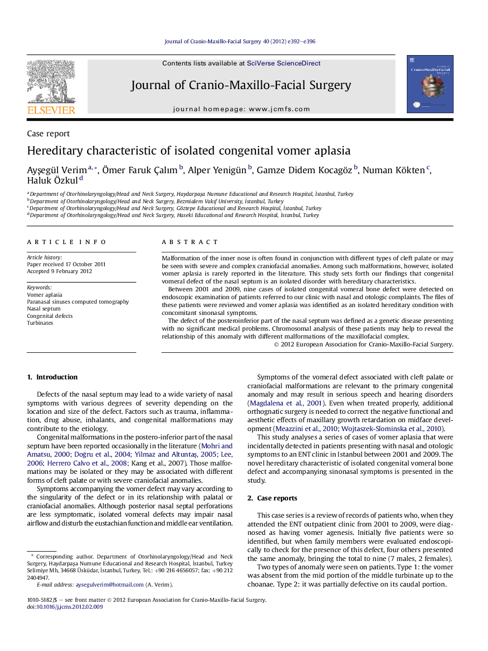 Hereditary characteristic of isolated congenital vomer aplasia