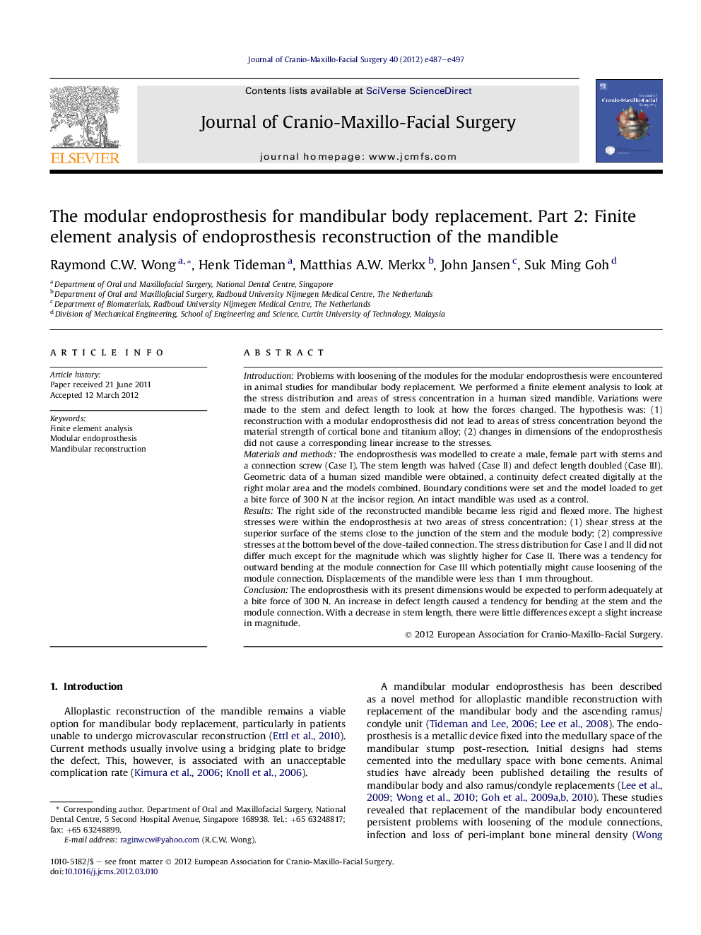 The modular endoprosthesis for mandibular body replacement. Part 2: Finite element analysis of endoprosthesis reconstruction of the mandible