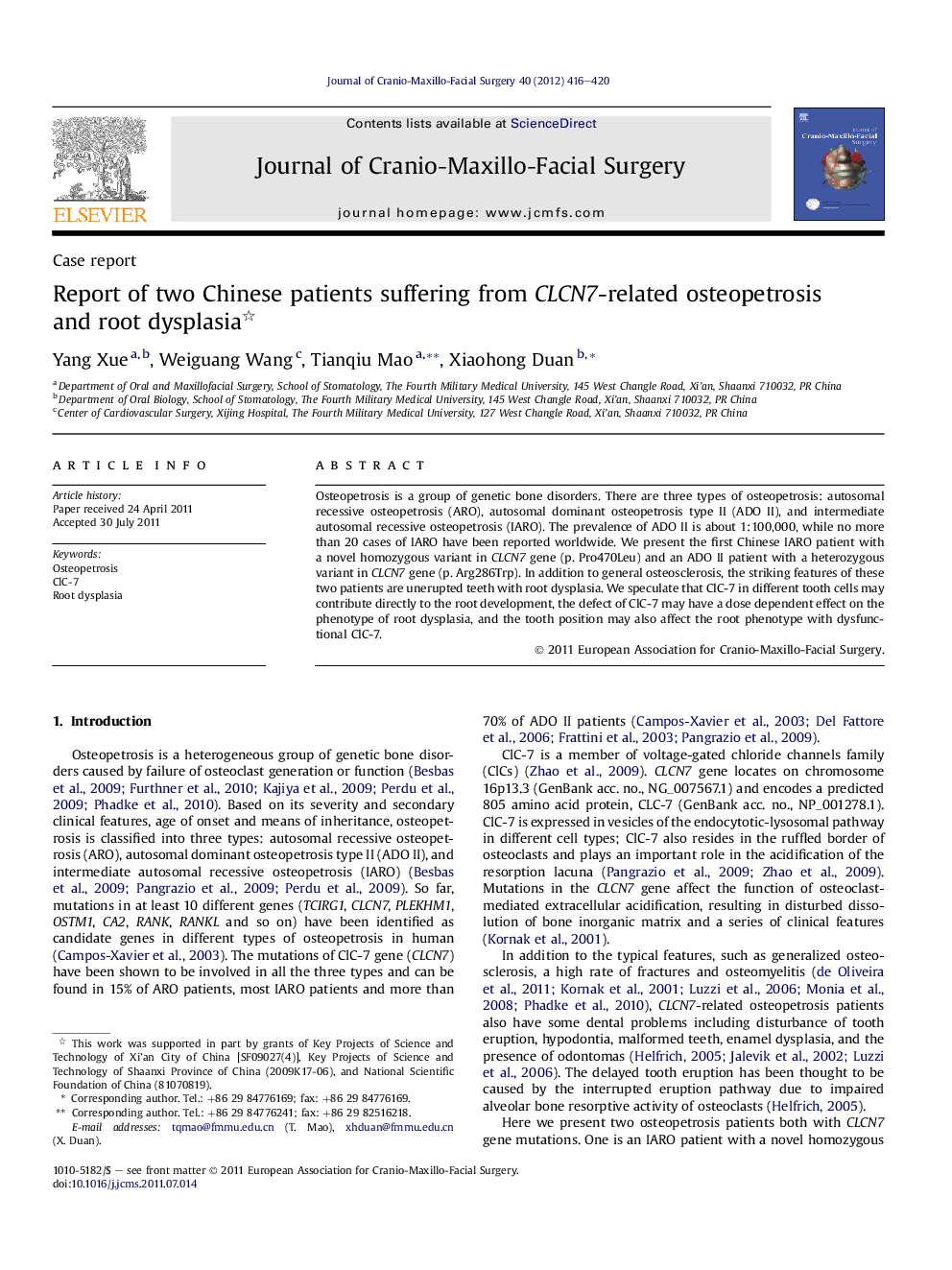 Report of two Chinese patients suffering from CLCN7-related osteopetrosis and root dysplasia 