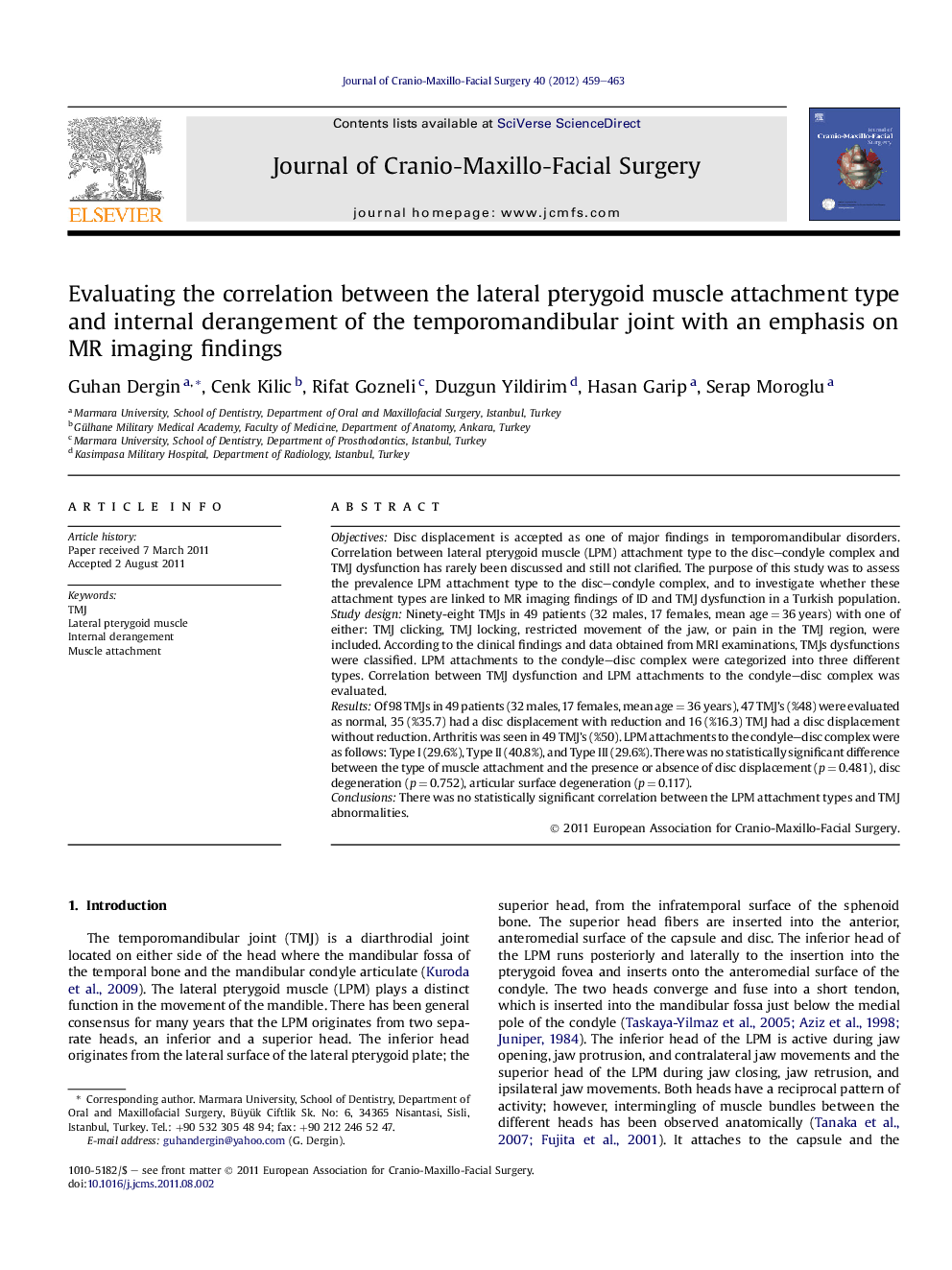 Evaluating the correlation between the lateral pterygoid muscle attachment type and internal derangement of the temporomandibular joint with an emphasis on MR imaging findings