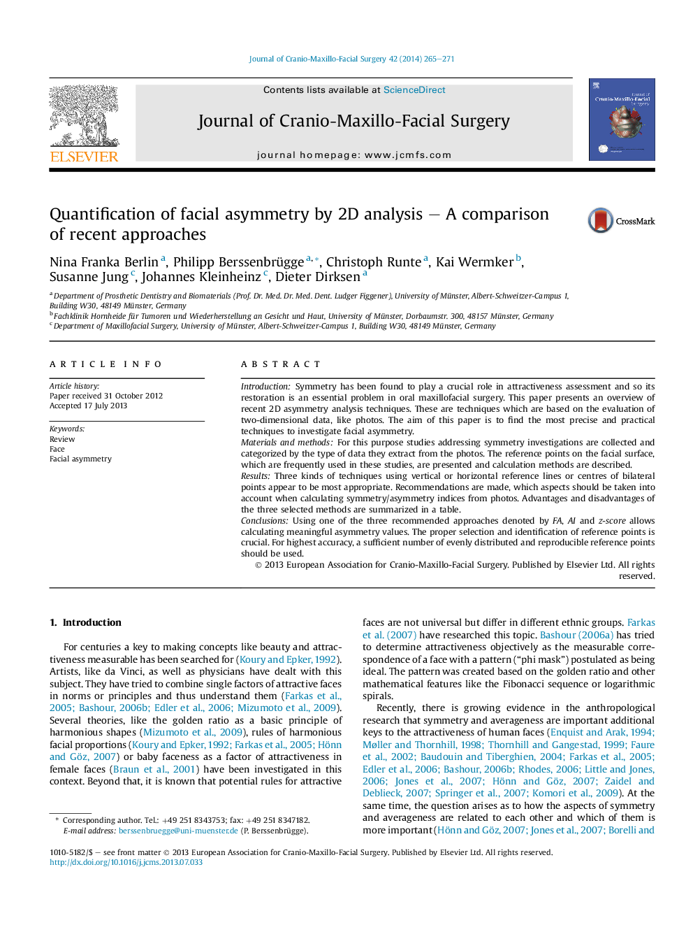 Quantification of facial asymmetry by 2D analysis – A comparison of recent approaches