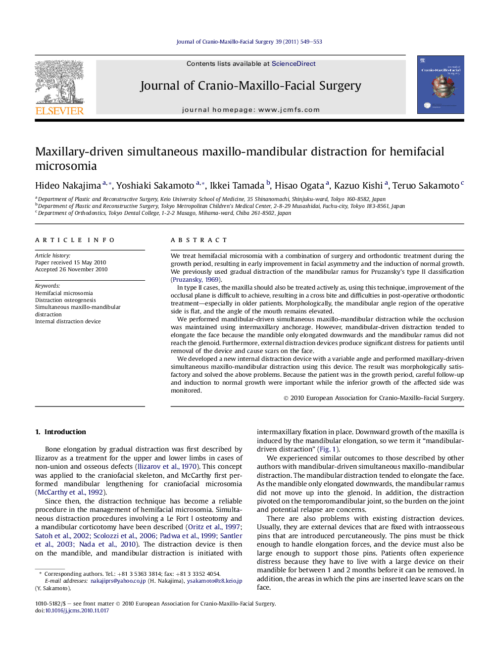 Maxillary-driven simultaneous maxillo-mandibular distraction for hemifacial microsomia