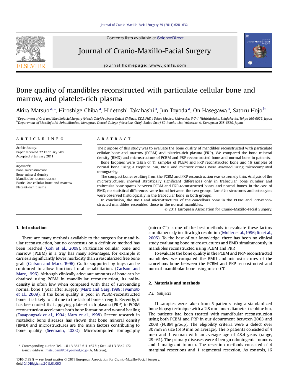 Bone quality of mandibles reconstructed with particulate cellular bone and marrow, and platelet-rich plasma