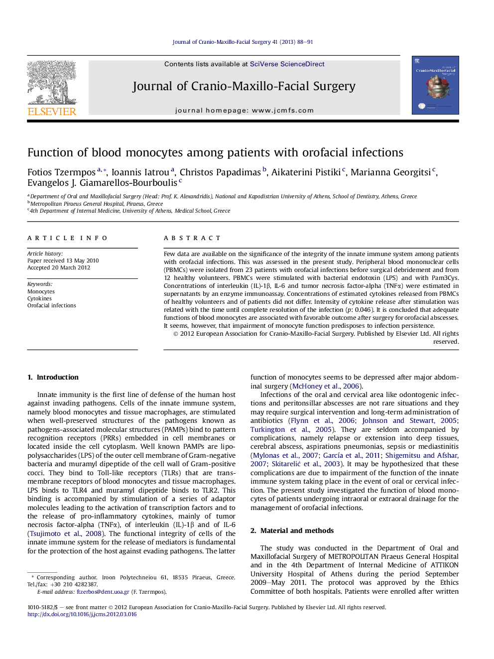 Function of blood monocytes among patients with orofacial infections