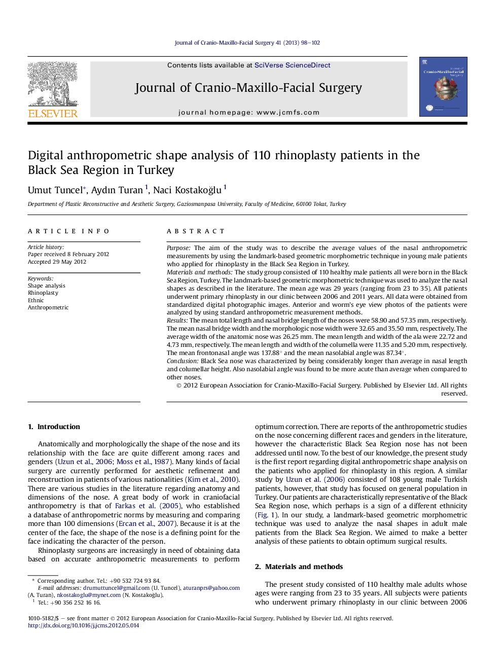 Digital anthropometric shape analysis of 110 rhinoplasty patients in the Black Sea Region in Turkey