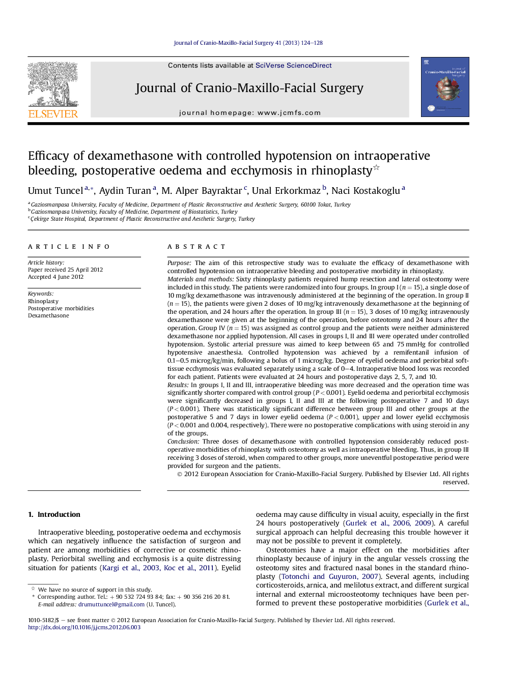 Efficacy of dexamethasone with controlled hypotension on intraoperative bleeding, postoperative oedema and ecchymosis in rhinoplasty