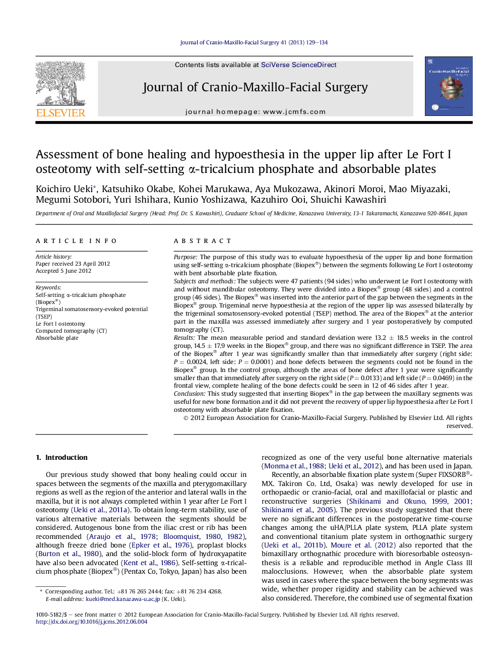 Assessment of bone healing and hypoesthesia in the upper lip after Le Fort I osteotomy with self-setting α-tricalcium phosphate and absorbable plates