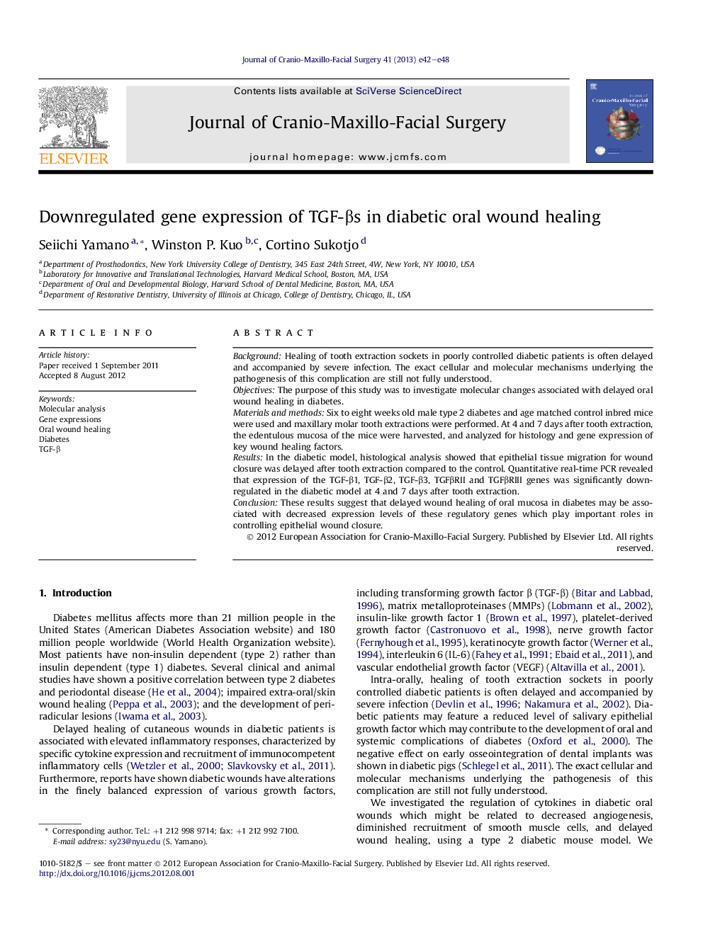 Downregulated gene expression of TGF-βs in diabetic oral wound healing