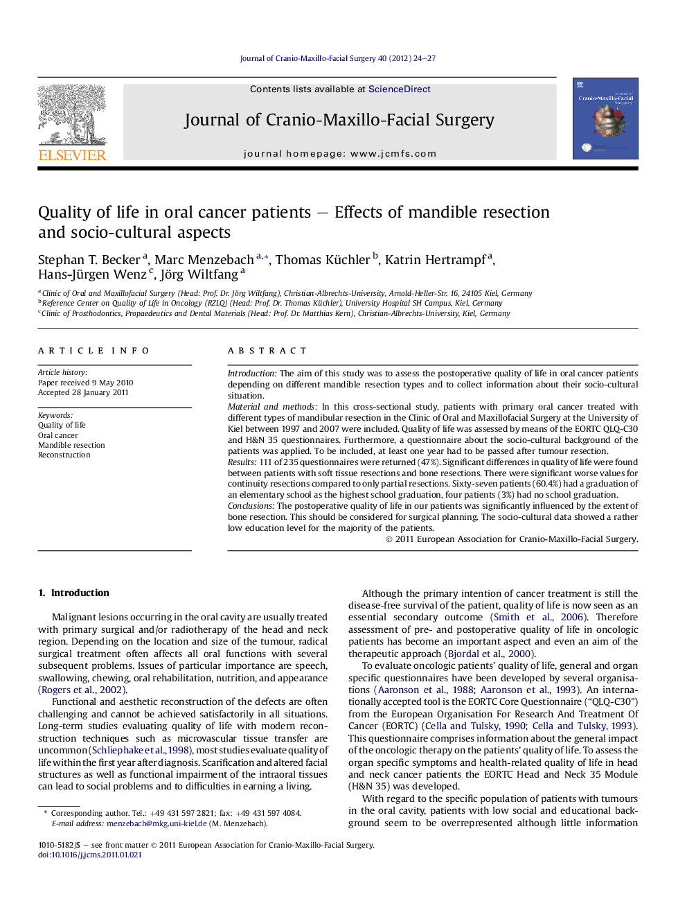 Quality of life in oral cancer patients – Effects of mandible resection and socio-cultural aspects