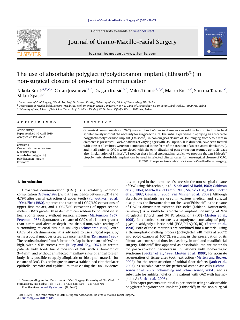 The use of absorbable polyglactin/polydioxanon implant (Ethisorb®) in non-surgical closure of oro-antral communication