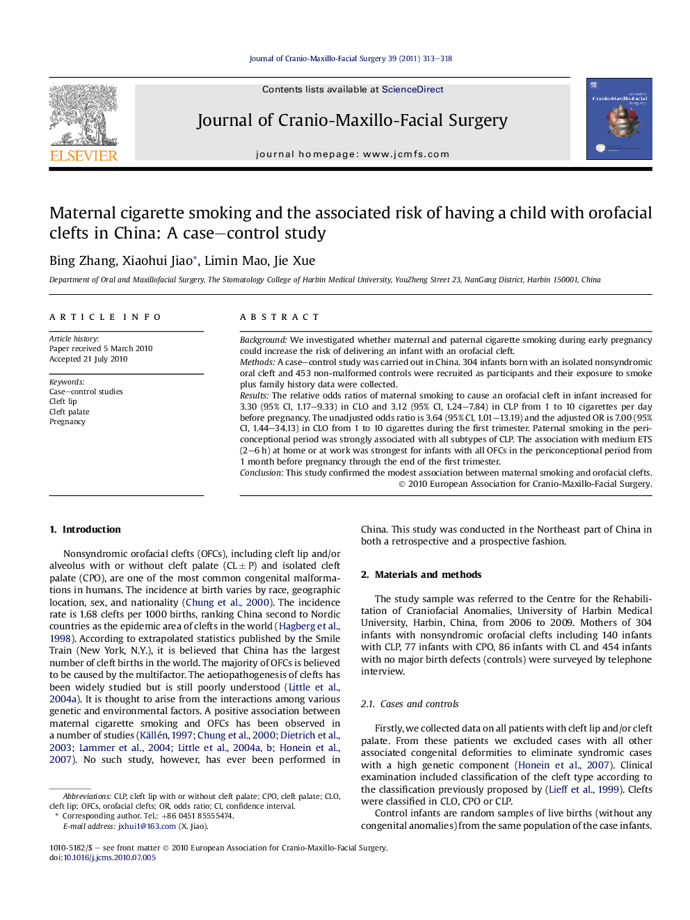 Maternal cigarette smoking and the associated risk of having a child with orofacial clefts in China: A case–control study