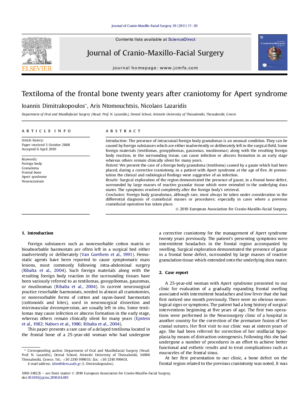 Textiloma of the frontal bone twenty years after craniotomy for Apert syndrome