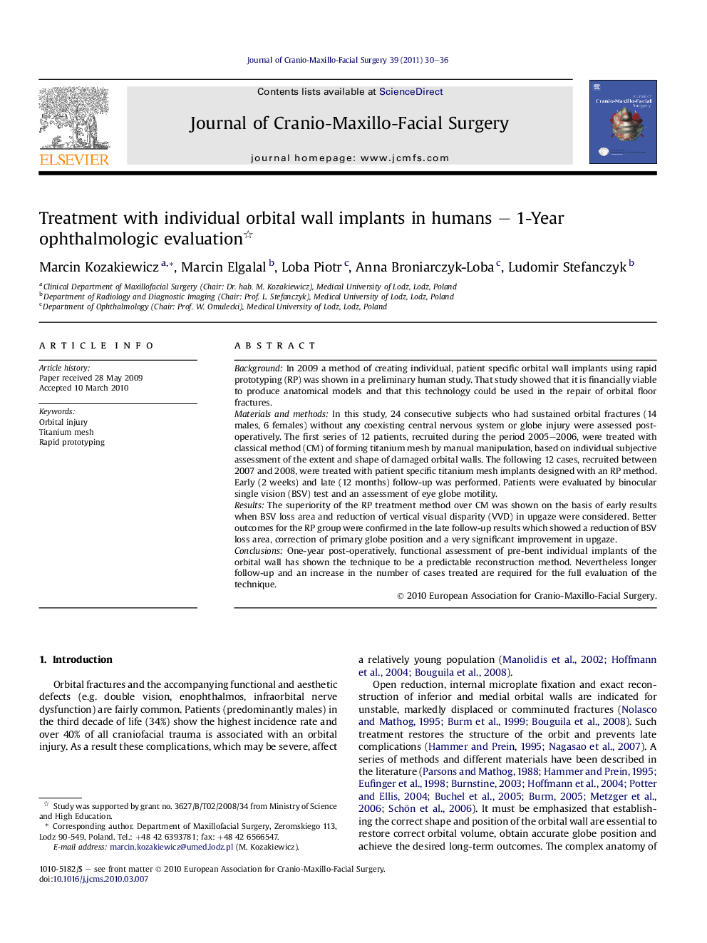 Treatment with individual orbital wall implants in humans – 1-Year ophthalmologic evaluation 