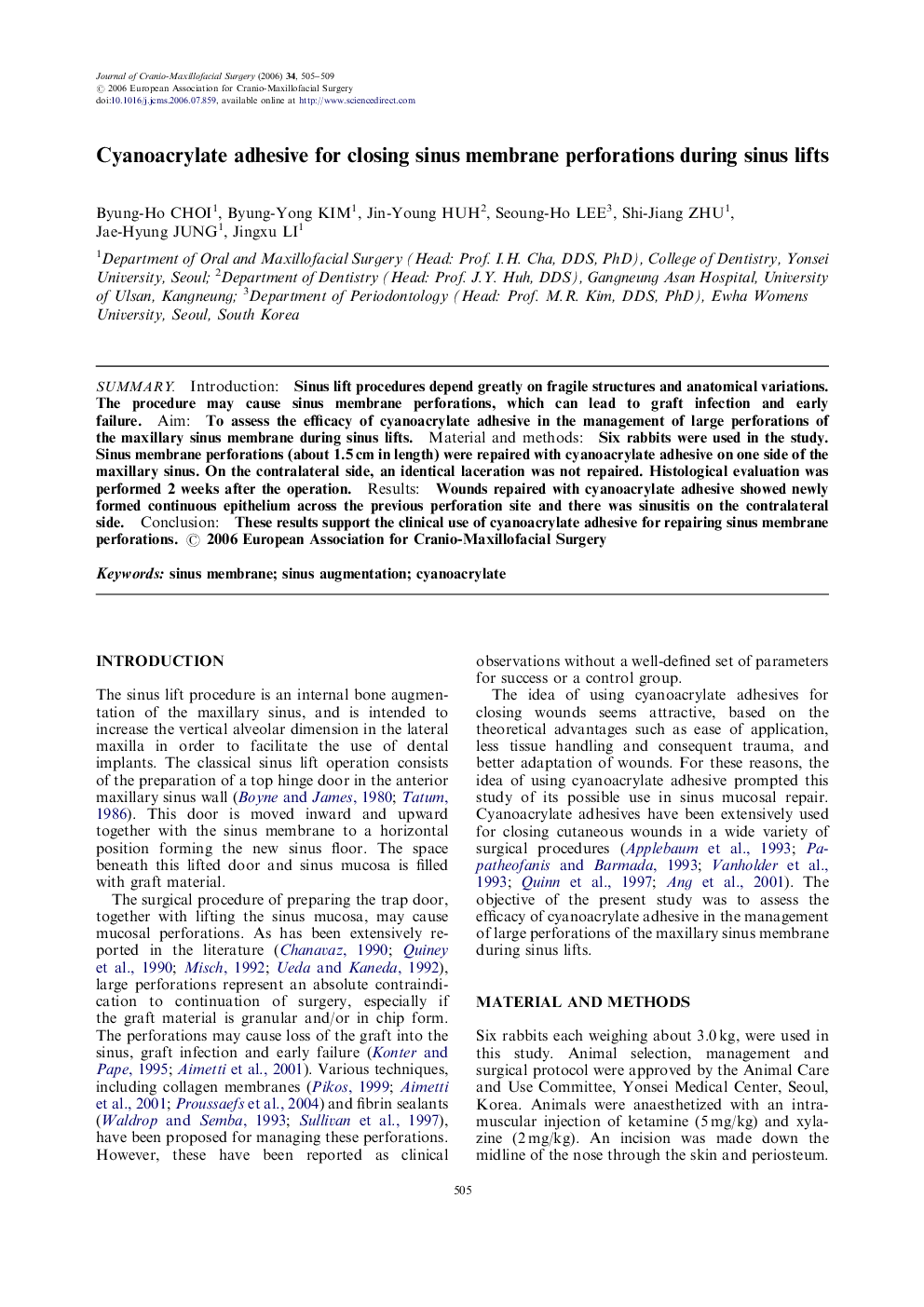 Cyanoacrylate adhesive for closing sinus membrane perforations during sinus lifts