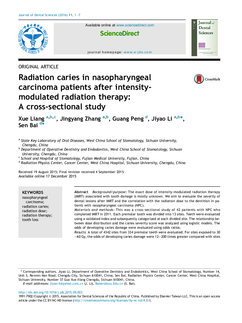 Radiation caries in nasopharyngeal carcinoma patients after intensity-modulated radiation therapy: A cross-sectional study