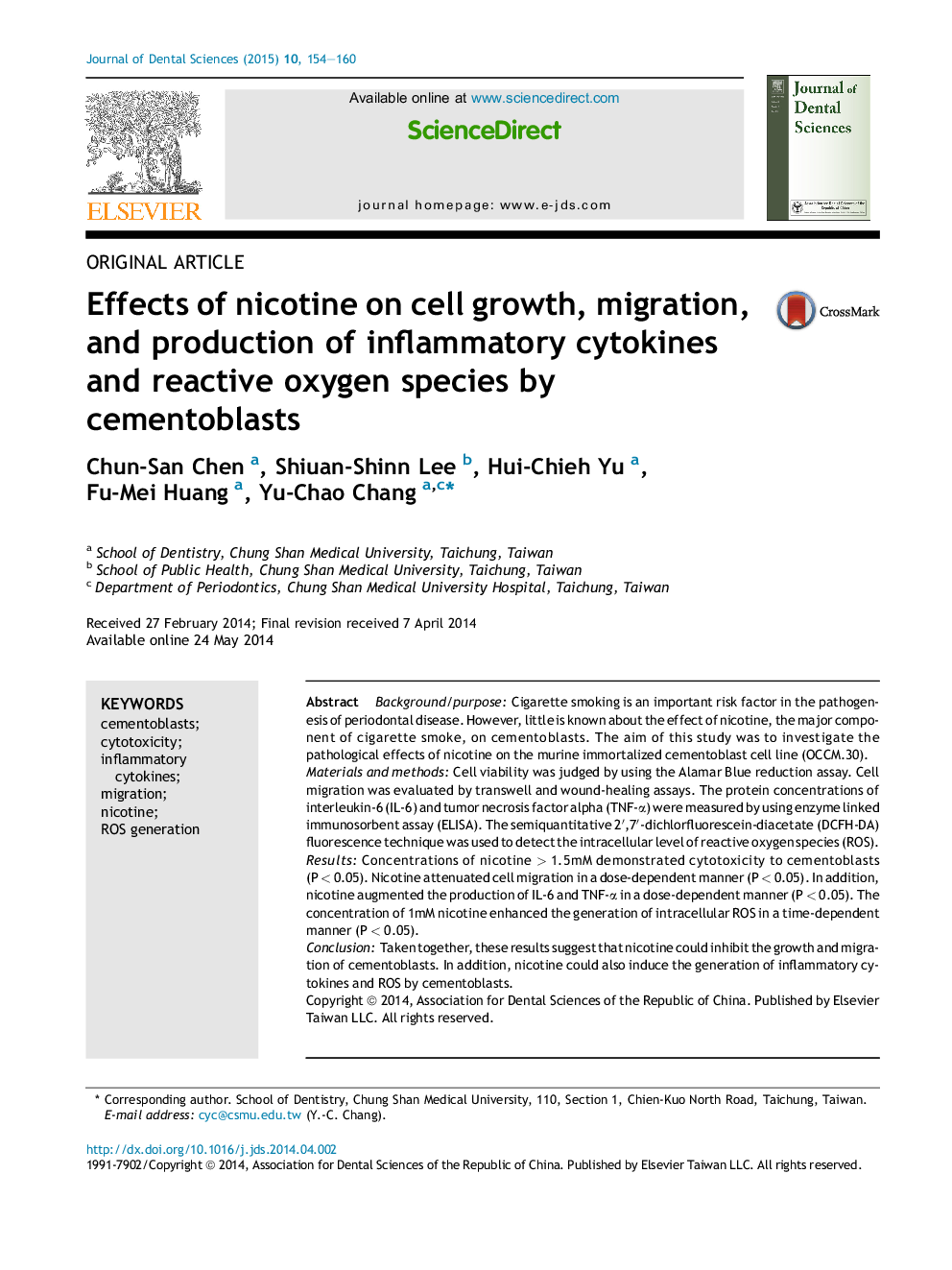 Effects of nicotine on cell growth, migration, and production of inflammatory cytokines and reactive oxygen species by cementoblasts