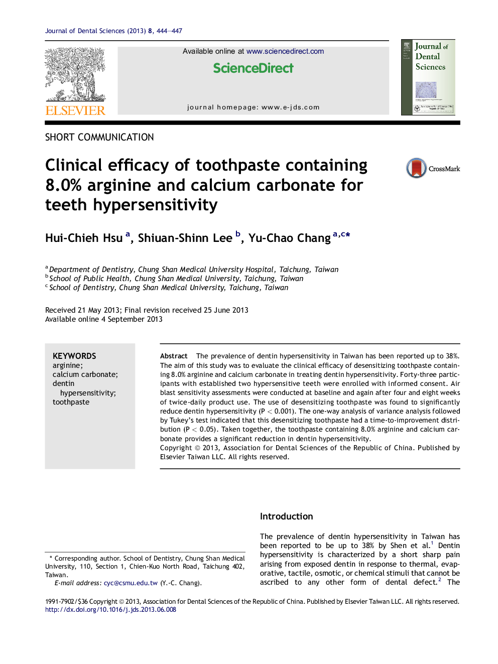 Clinical efficacy of toothpaste containing 8.0% arginine and calcium carbonate for teeth hypersensitivity