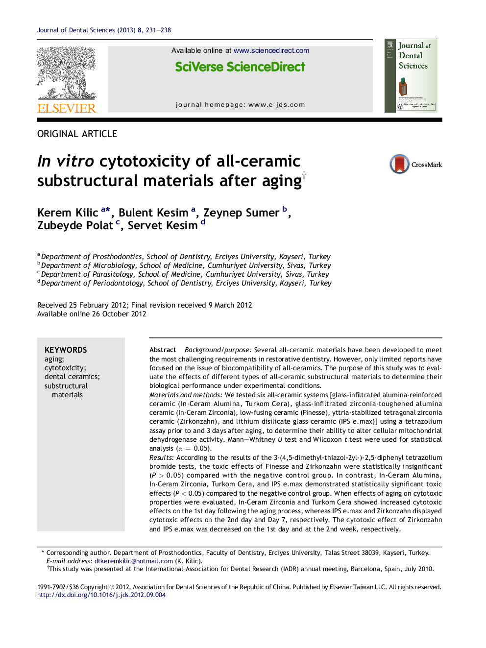 In vitro cytotoxicity of all-ceramic substructural materials after aging †