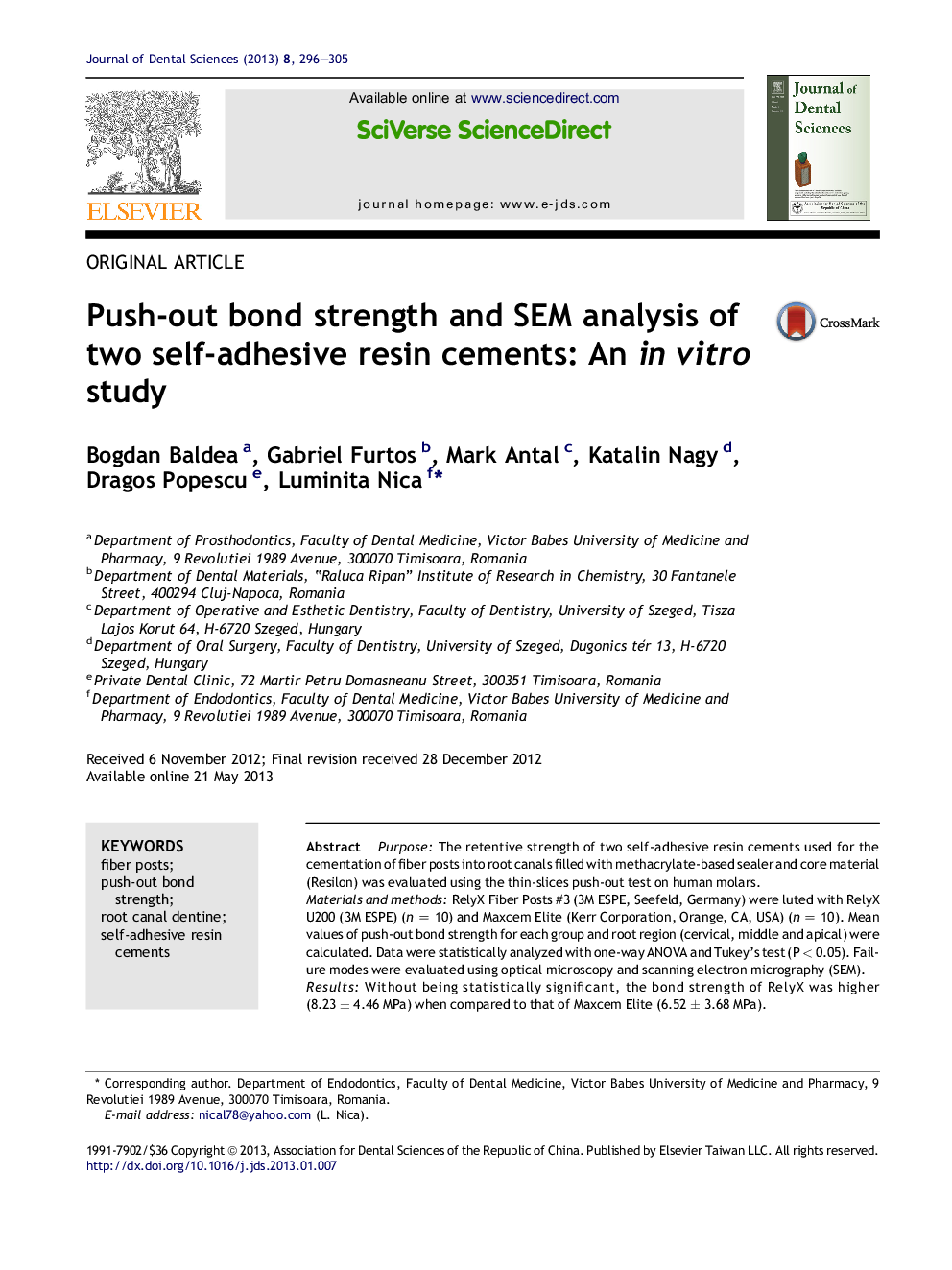 Push-out bond strength and SEM analysis of two self-adhesive resin cements: An in vitro study