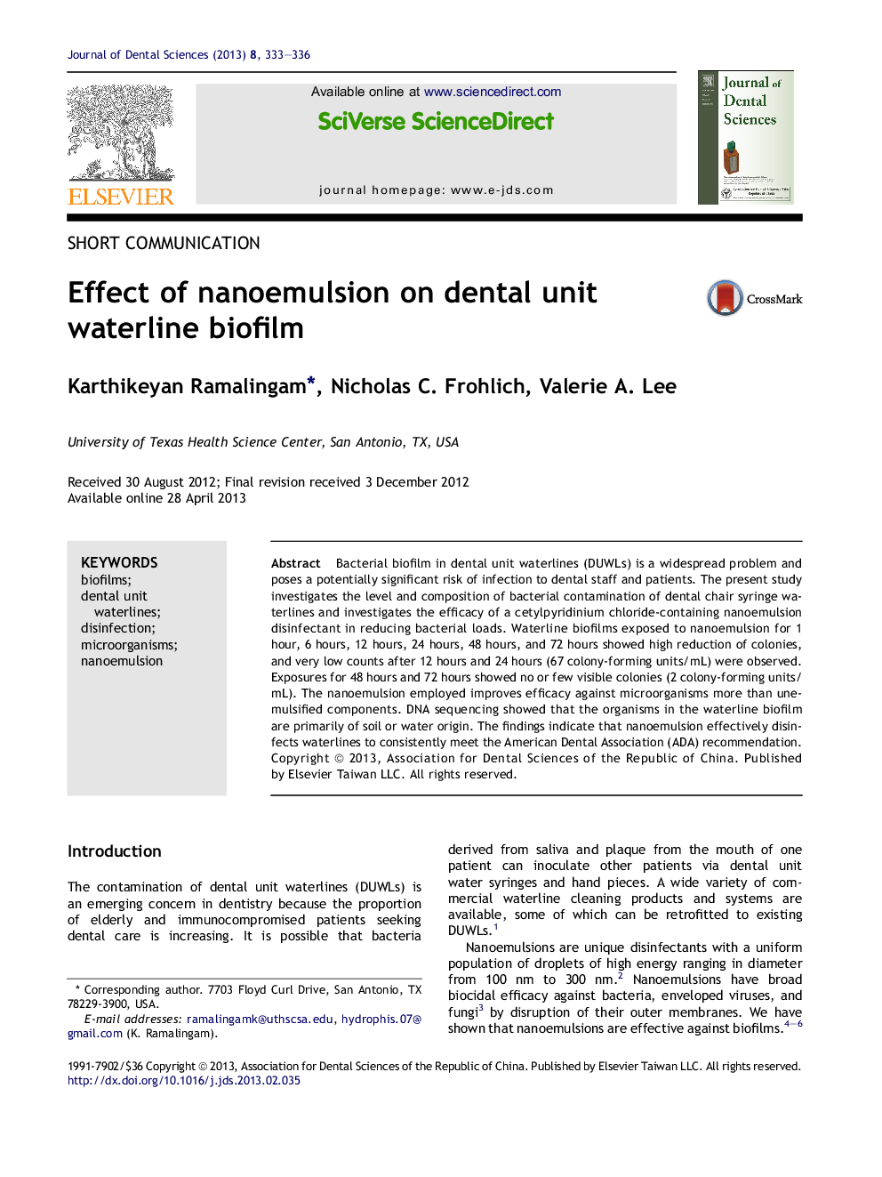 Effect of nanoemulsion on dental unit waterline biofilm