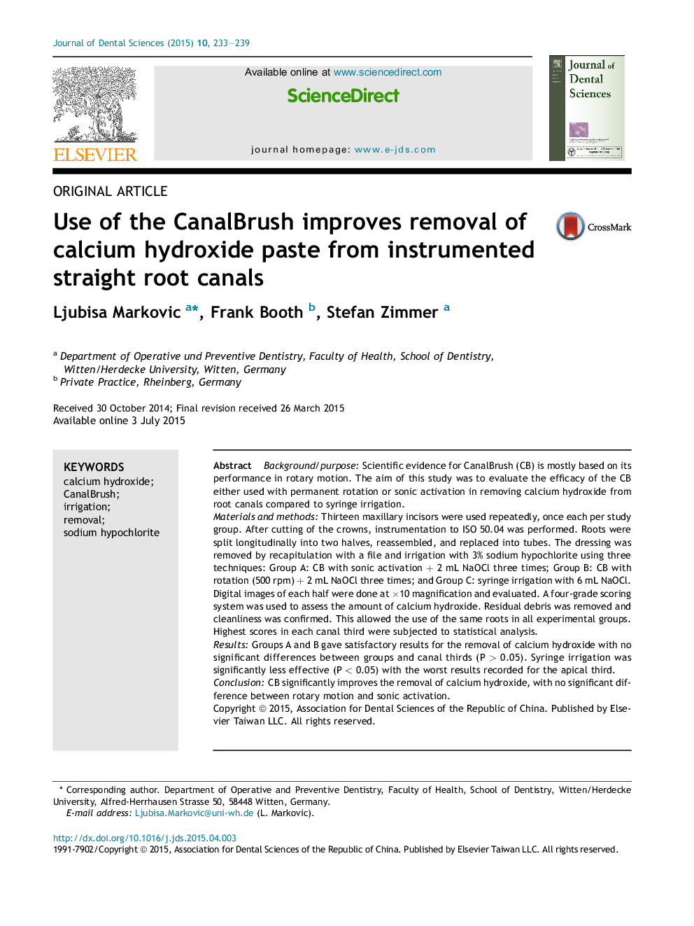 Use of the CanalBrush improves removal of calcium hydroxide paste from instrumented straight root canals