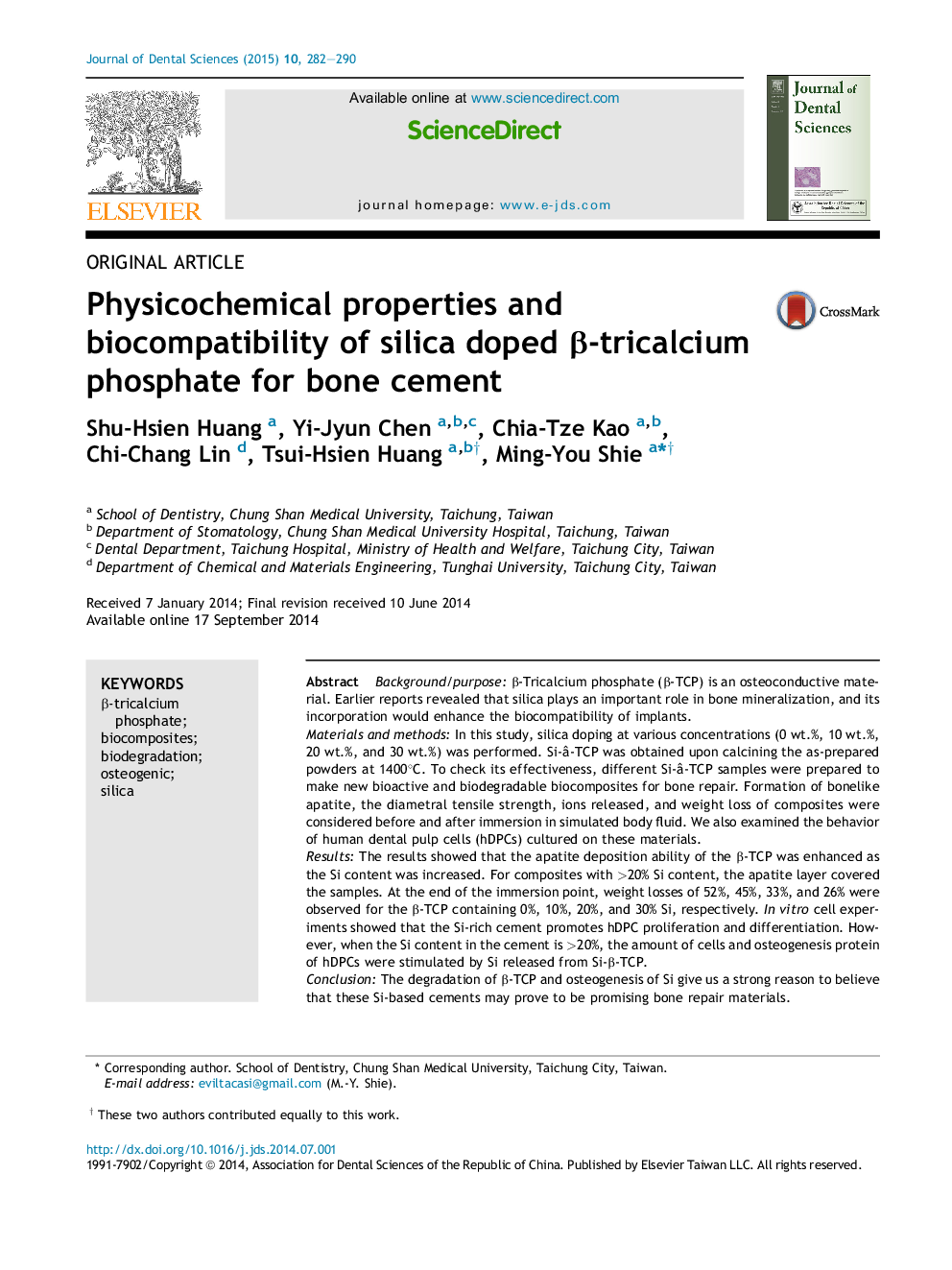 Physicochemical properties and biocompatibility of silica doped β-tricalcium phosphate for bone cement