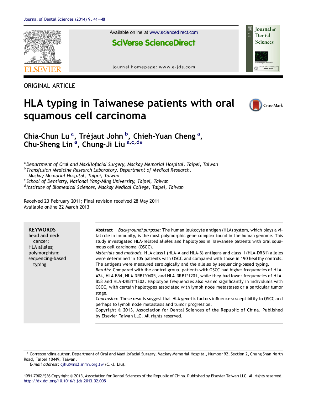 HLA typing in Taiwanese patients with oral squamous cell carcinoma