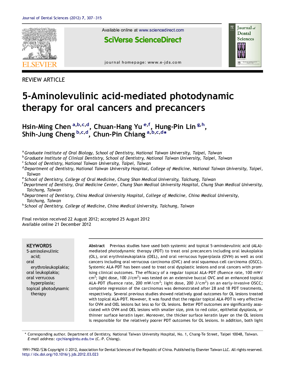 5-Aminolevulinic acid-mediated photodynamic therapy for oral cancers and precancers