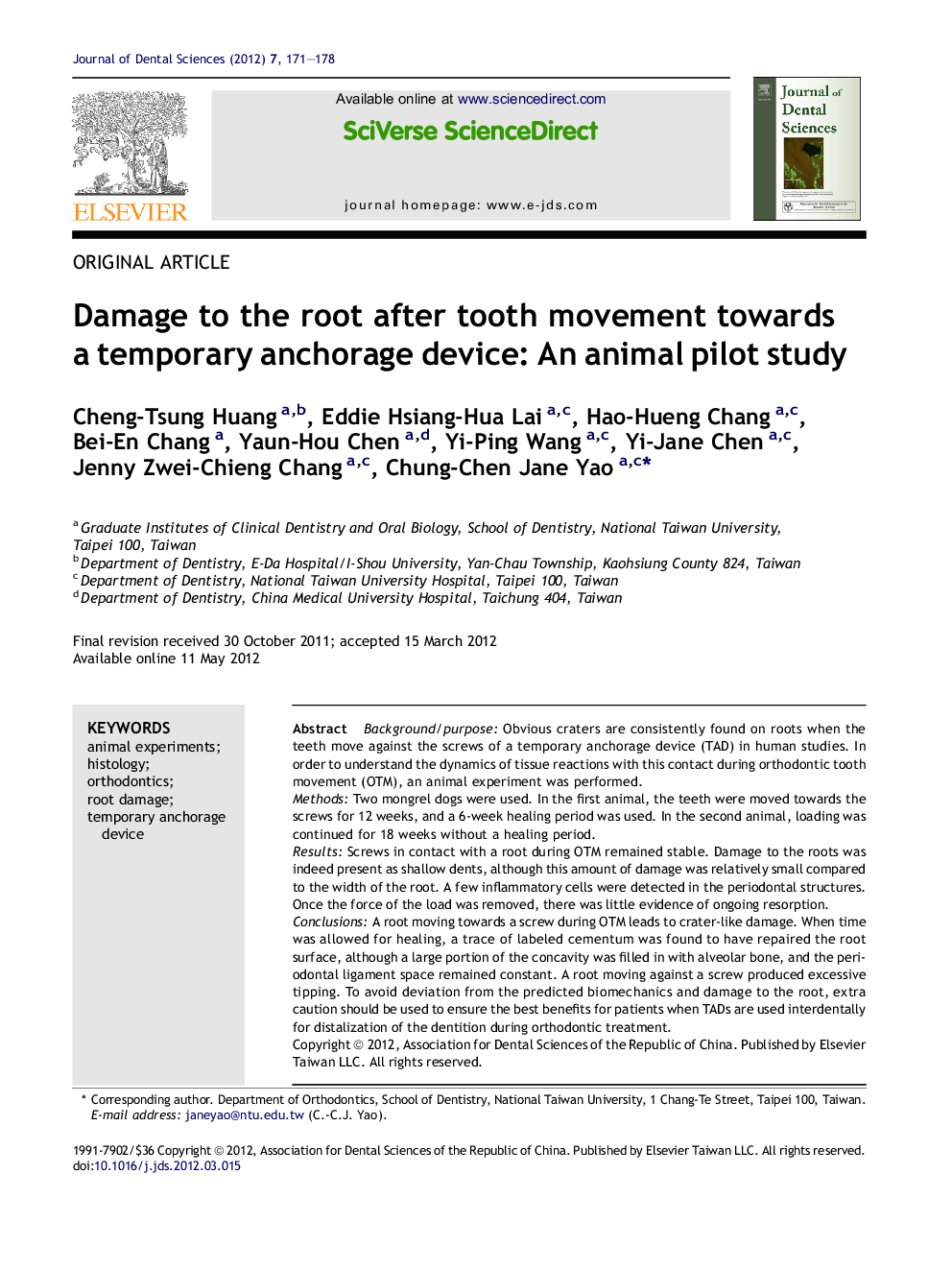 Damage to the root after tooth movement towards a temporary anchorage device: An animal pilot study