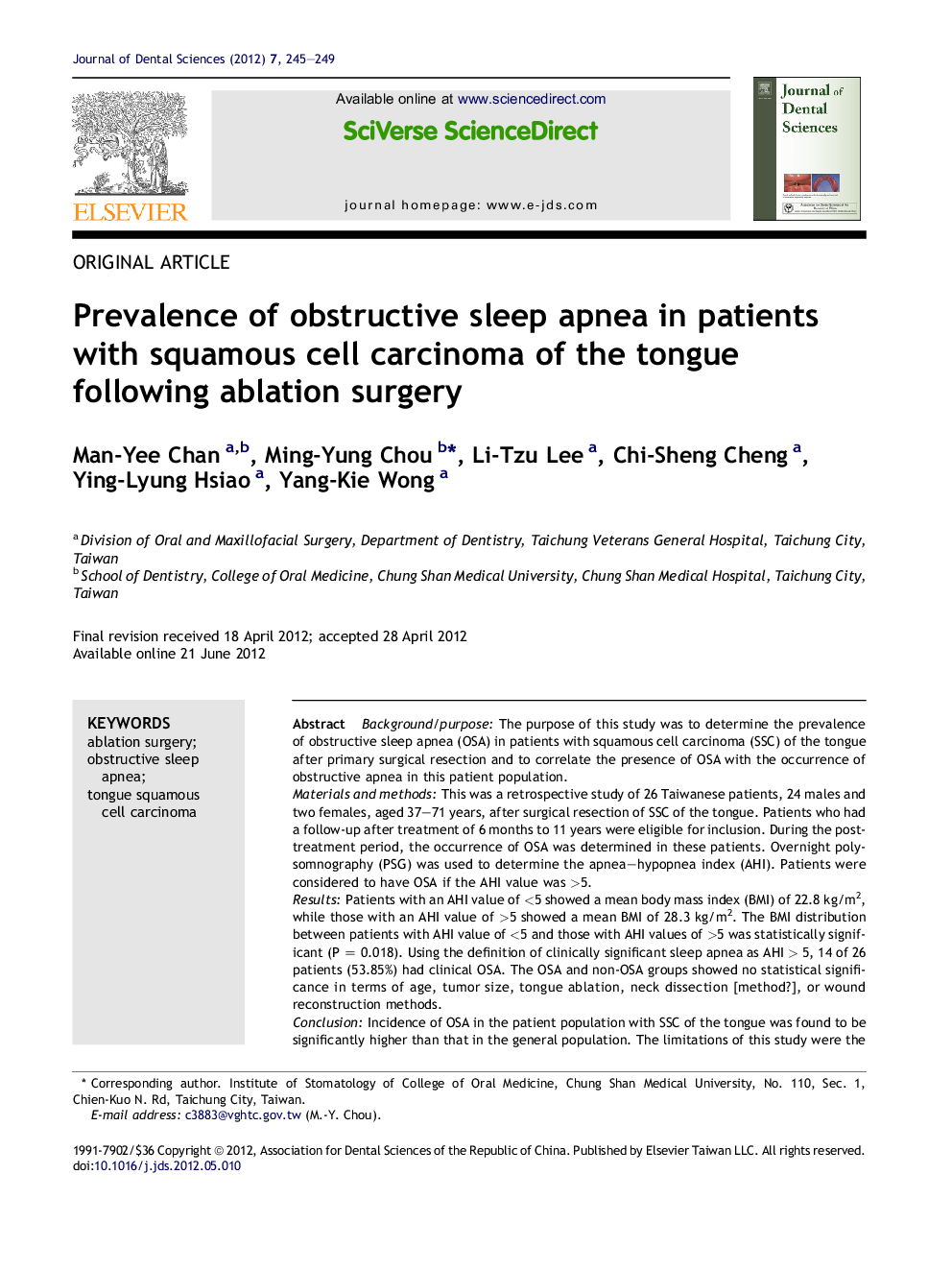 Prevalence of obstructive sleep apnea in patients with squamous cell carcinoma of the tongue following ablation surgery