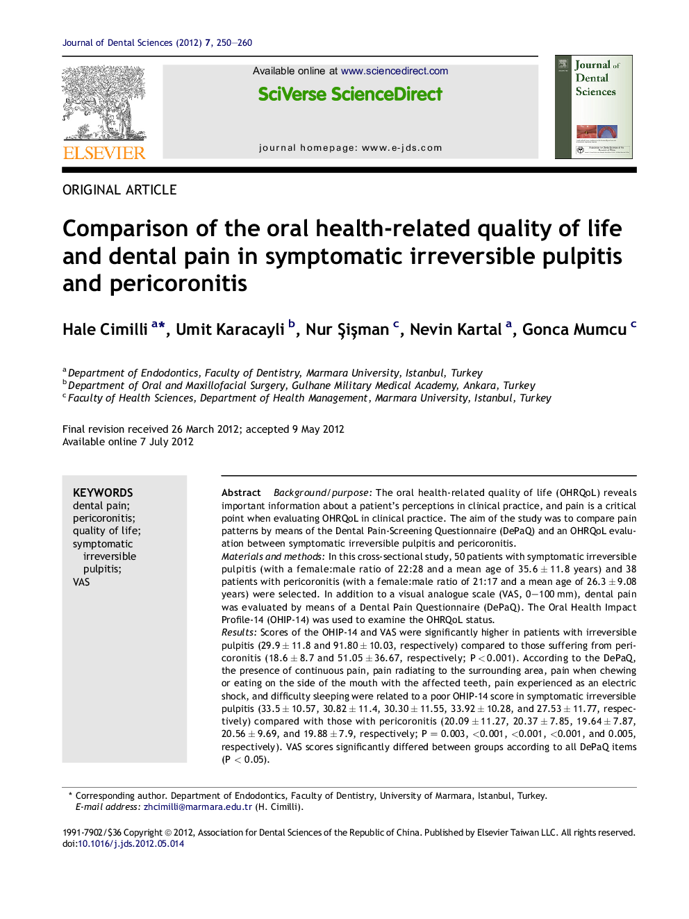 Comparison of the oral health-related quality of life and dental pain in symptomatic irreversible pulpitis and pericoronitis