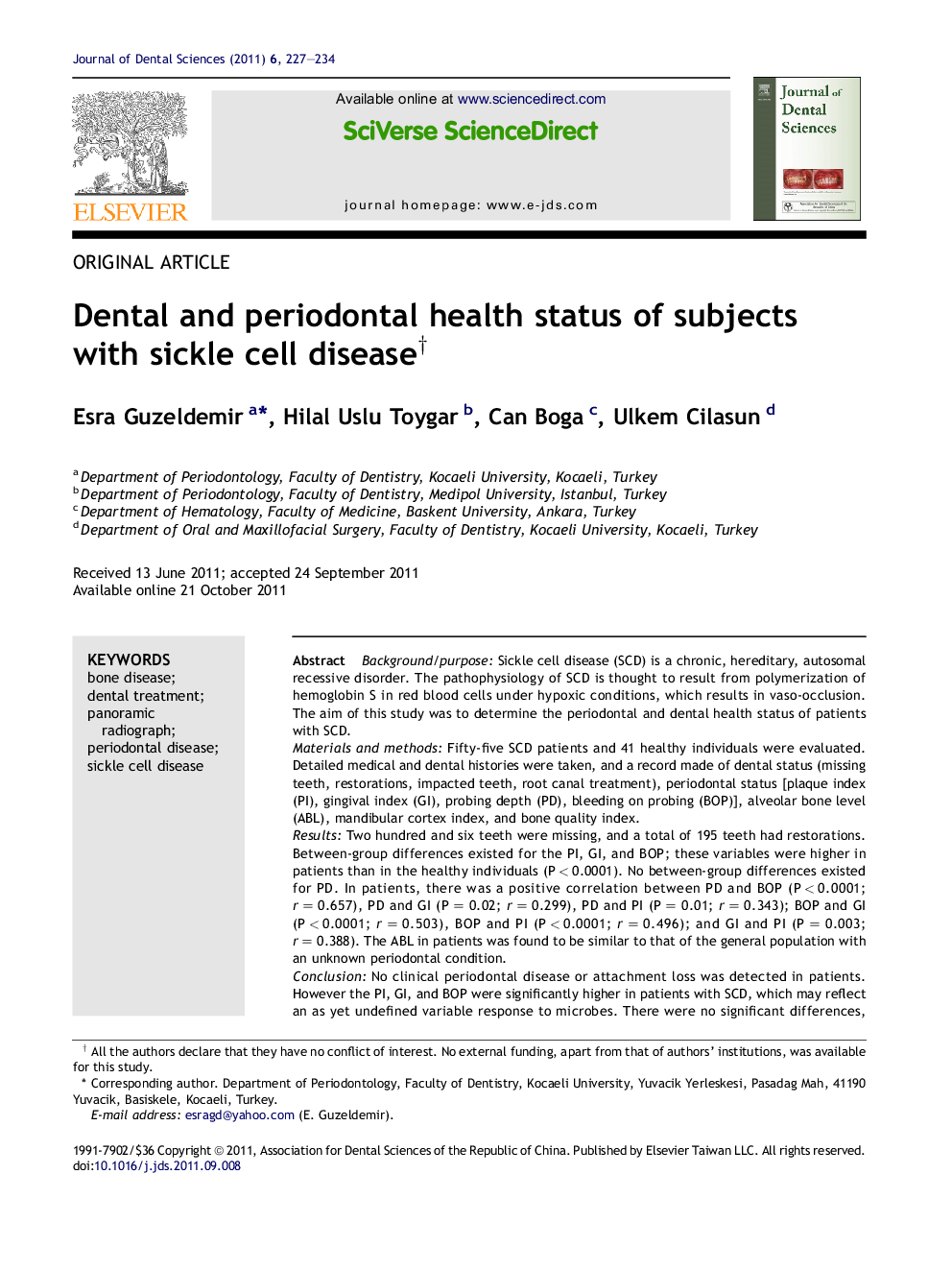 Dental and periodontal health status of subjects with sickle cell disease †