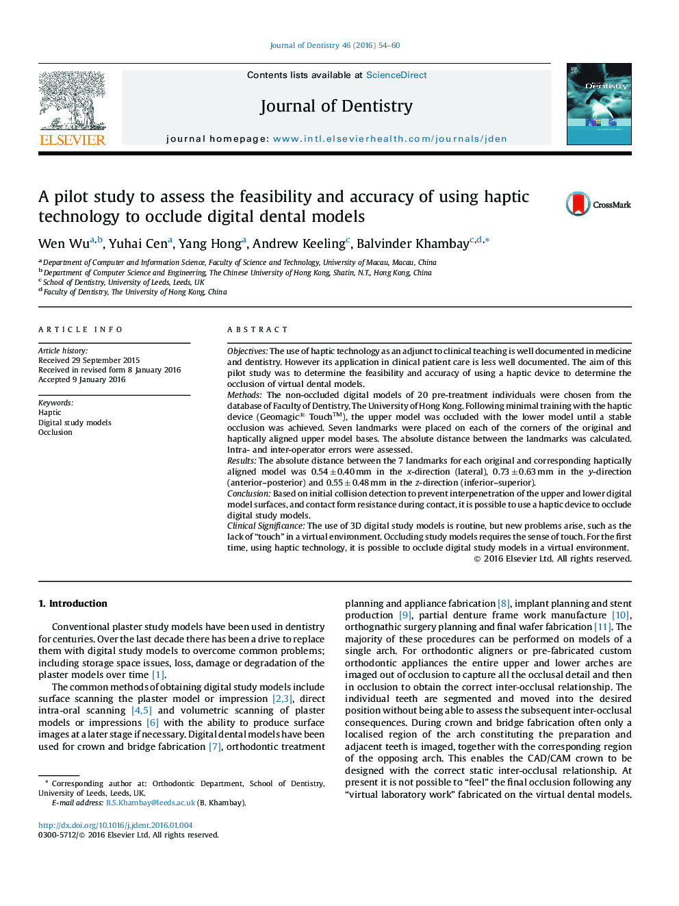 A pilot study to assess the feasibility and accuracy of using haptic technology to occlude digital dental models