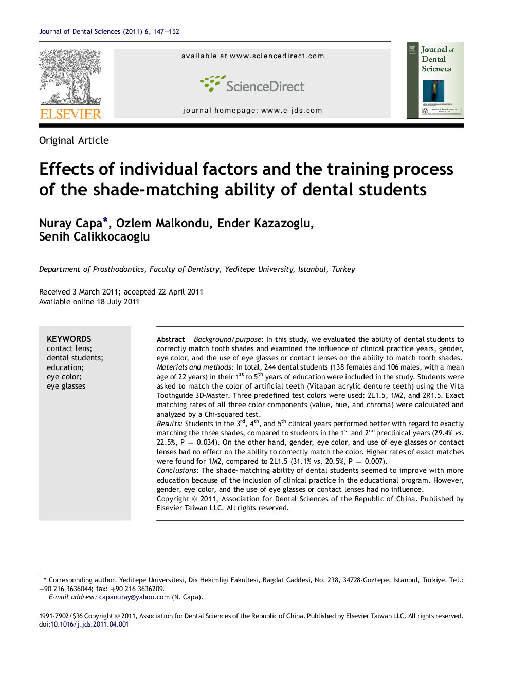 Effects of individual factors and the training process of the shade-matching ability of dental students