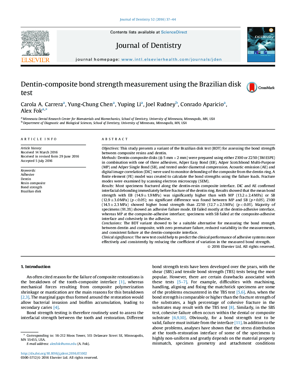 Dentin-composite bond strength measurement using the Brazilian disk test