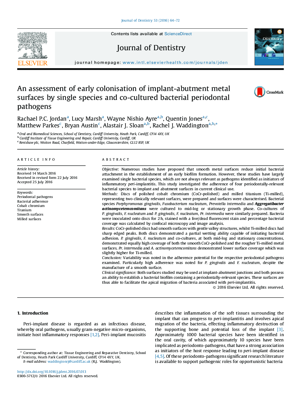 An assessment of early colonisation of implant-abutment metal surfaces by single species and co-cultured bacterial periodontal pathogens